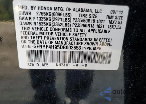 2013 Honda Pilot Touring z USA, uszkodzony, nr VIN 5FNYF4H95DB002653